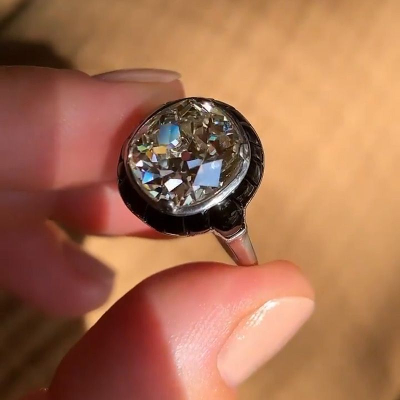 Molly 4.23ct Cushion Cut White Sapphire with Surrounding Black Stone Strong Contrast Vintage Engagement Ring