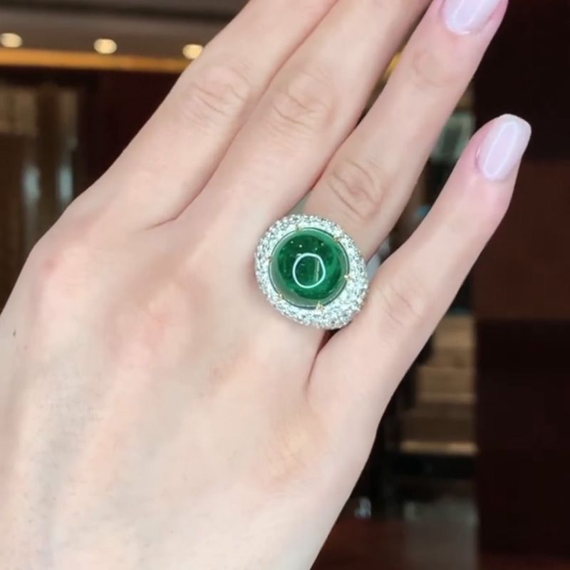 Ria 13.5ct Cabochon Emerald With Round White Sapphires Setting Engagement Ring