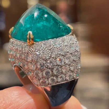 Ella 10.5ct Sugar Loaf Cabochon Emerald Paved Two-Tone Handmade Sterling Silver Ring