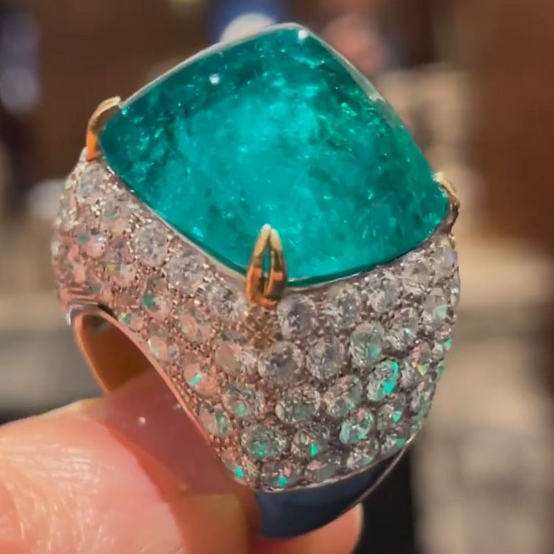 Ella 10.5ct Sugar Loaf Cabochon Emerald Paved Two-Tone Handmade Sterling Silver Ring