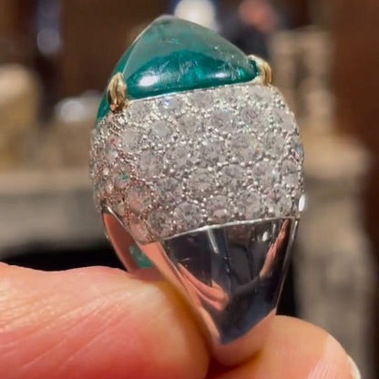 Ella 10.5ct Sugar Loaf Cabochon Emerald Paved Two-Tone Handmade Sterling Silver Ring