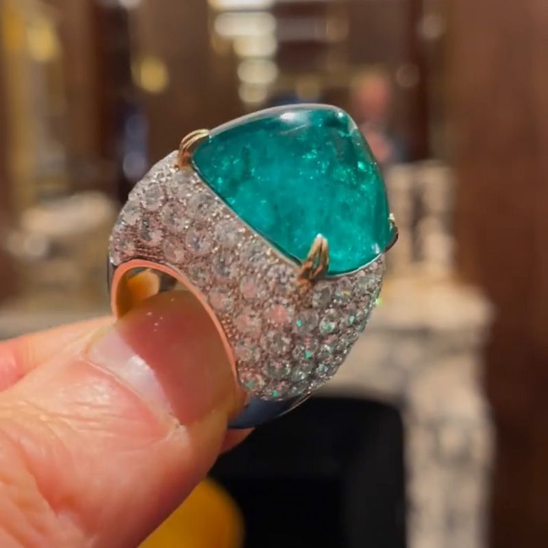 Ella 10.5ct Sugar Loaf Cabochon Emerald Paved Two-Tone Handmade Sterling Silver Ring