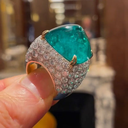 Ella 10.5ct Sugar Loaf Cabochon Emerald Paved Two-Tone Handmade Sterling Silver Ring