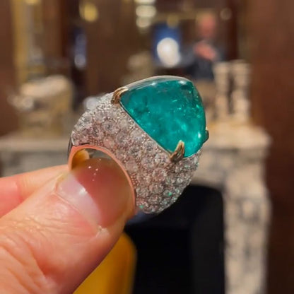 Ella 10.5ct Sugar Loaf Cabochon Emerald Paved Two-Tone Handmade Sterling Silver Ring