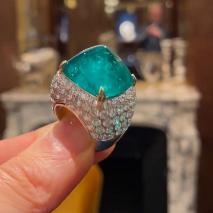 Ella 10.5ct Sugar Loaf Cabochon Emerald Paved Two-Tone Handmade Sterling Silver Ring