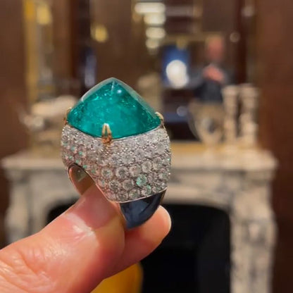 Ella 10.5ct Sugar Loaf Cabochon Emerald Paved Two-Tone Handmade Sterling Silver Ring