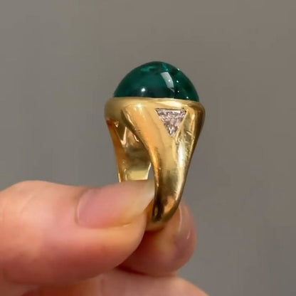 Zoya 9.5ct Cabochon Emerald With with Triangular Cut White Sapphire Shoulders Yellow Gold Ring