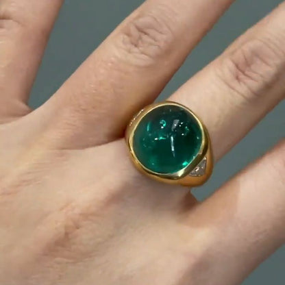 Zoya 9.5ct Cabochon Emerald With with Triangular Cut White Sapphire Shoulders Yellow Gold Ring