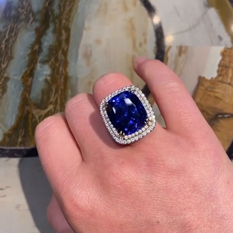 Carol 22ct Cushion Cut Blue Sapphire Double Halo Handmade Engagement Ring