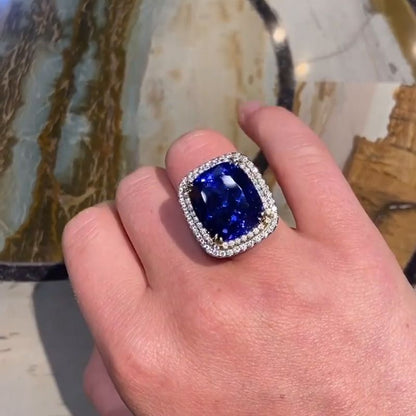 Carol 22ct Cushion Cut Blue Sapphire Double Halo Handmade Engagement Ring