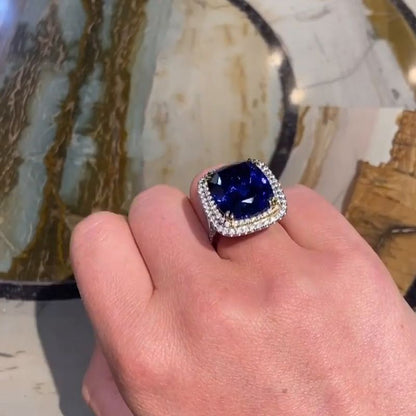 Carol 22ct Cushion Cut Blue Sapphire Double Halo Handmade Engagement Ring