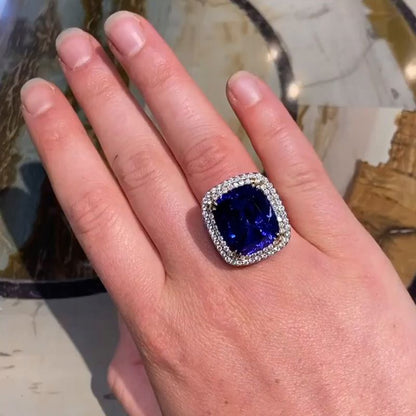 Carol 22ct Cushion Cut Blue Sapphire Double Halo Handmade Engagement Ring