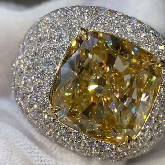 Alma 15.36ct Cushion Cut Fancy Yellow Sapphire Pave Handmade Men's Ring