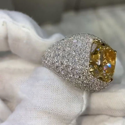 Alma 15.36ct Cushion Cut Fancy Yellow Sapphire Pave Handmade Men's Ring