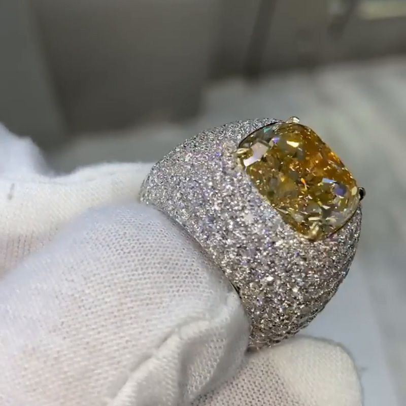 Alma 15.36ct Cushion Cut Fancy Yellow Sapphire Pave Handmade Men's Ring