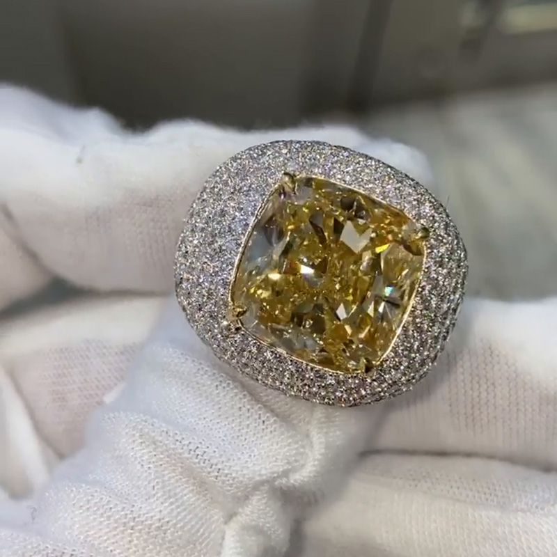 Alma 15.36ct Cushion Cut Fancy Yellow Sapphire Pave Handmade Men's Ring